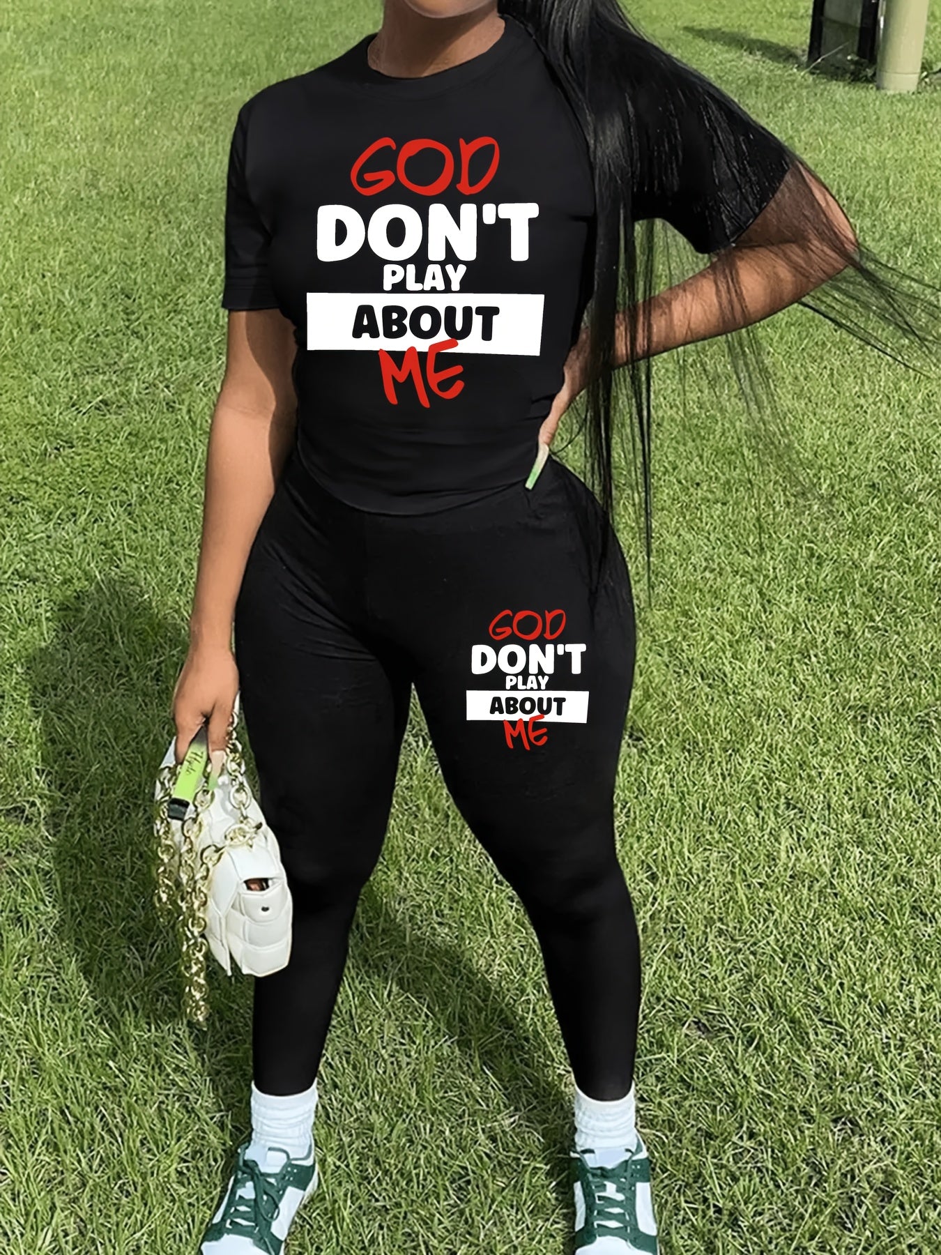 Comfy Polyester Blend Chic Letter Print Casual Outfit - Machine Washable T-Shirt & Long Pants Set for Women